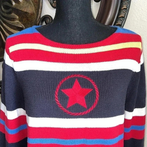 CRaZY Horse Women’s Multi-Colored Striped Star Cotton Blend Sweater Medium - Picture 4 of 15
